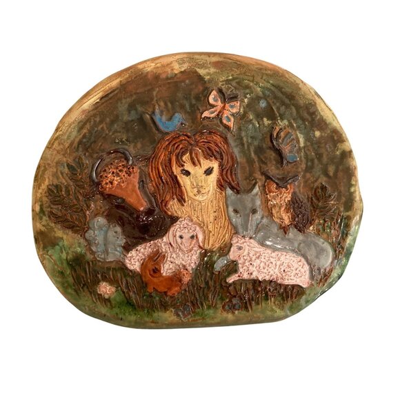 Whimsical Naive Animals Art Pottery Wall Plaque Decor Lion Lamb Fox Owl Bull - Picture 1 of 5